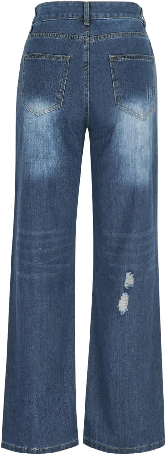 Рваные джинсы для женщин baggy straight leg casual boyfriend джинсы stretchy low rise distressed vintage y2k — фото 3