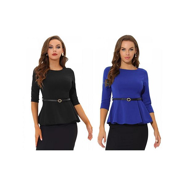 

Пеплум-топ с поясом и рукавом 3/4 для офиса, 2 шт Inspire Chic, Black Blue