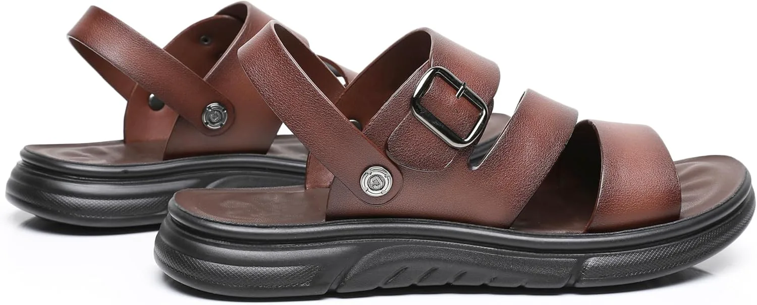 Finishing & Sewing Men's Leather Comfort Beach Sandals with Adjustable Buckle Strap, коричневый — фото 3