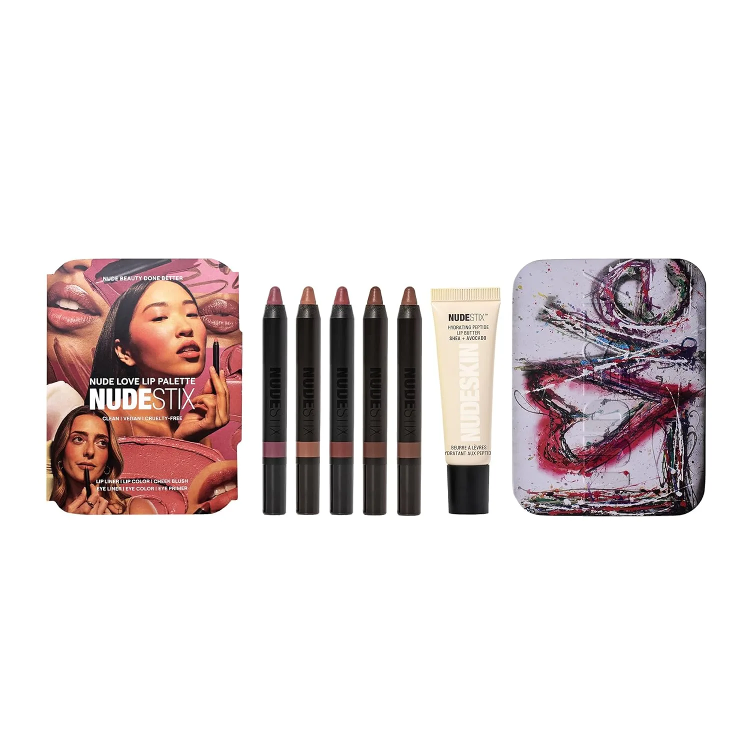 Nudestix Nude Love Lip Palette - лимитированный набор из 6 средств для губ, щек и глаз с матовым и глянцевым финишем, Sunkissed Rose, Sunkissed Nude, Sunkissed Pink, Gbaby, Greystone, Clear Gloss