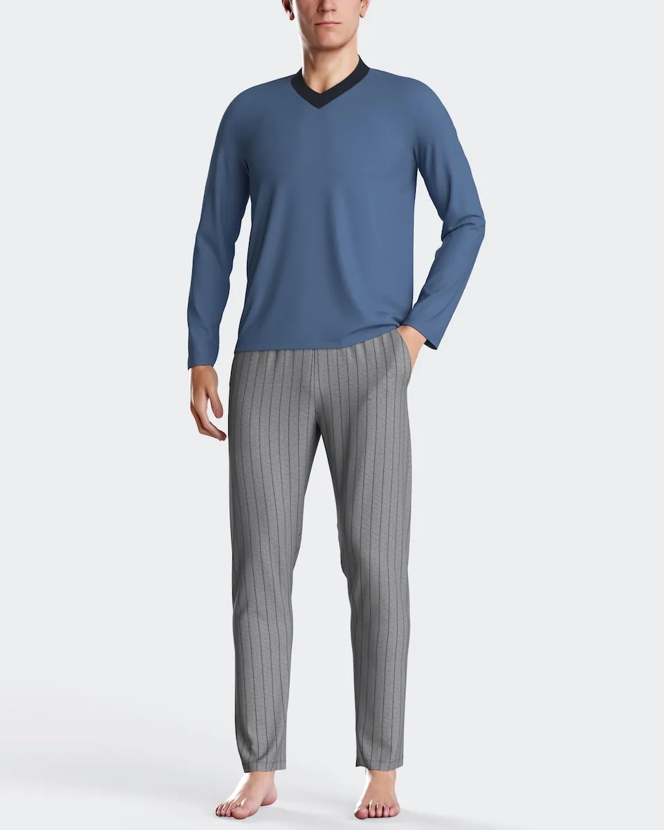 

Мужская длинная пижама в полоску из хлопка Impetus, синий/серый