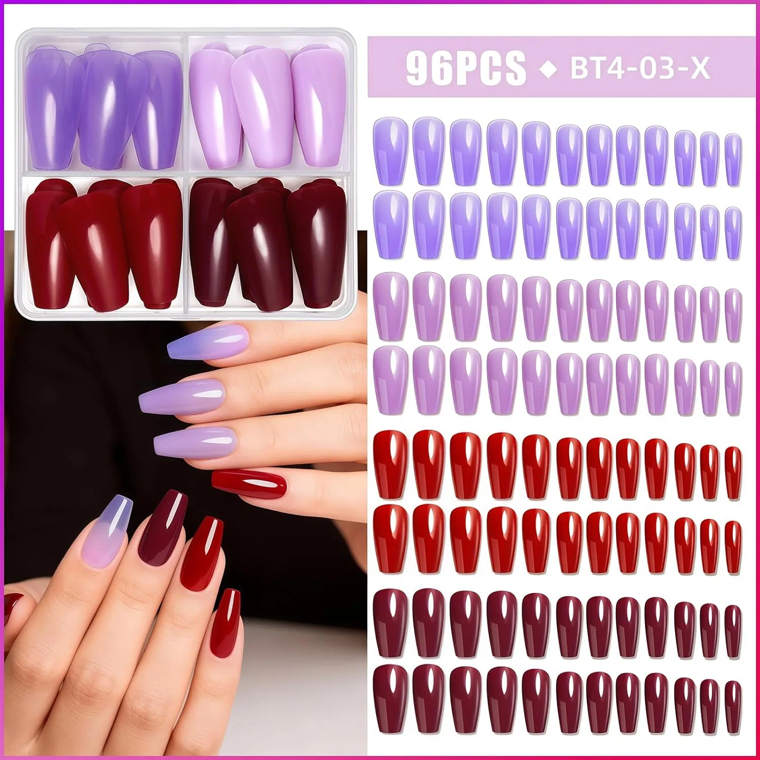 Набор из 96 многоразовых накладных ногтей формы «гроб» Virellay, 03 Purple&Red Series — фото 3