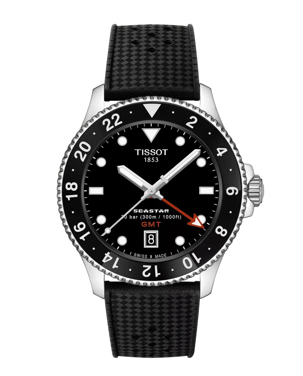 

Мужские кварцевые часы Seastar GMT из черного каучука Tissot, черный
