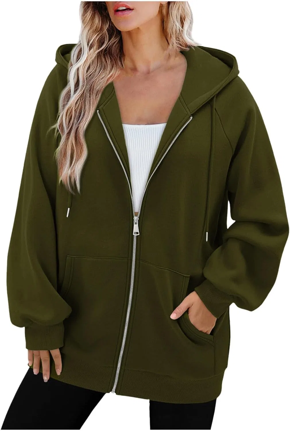 Женская худи с капюшоном, флисовая, на молнии, с карманами, Army Green — фото 4