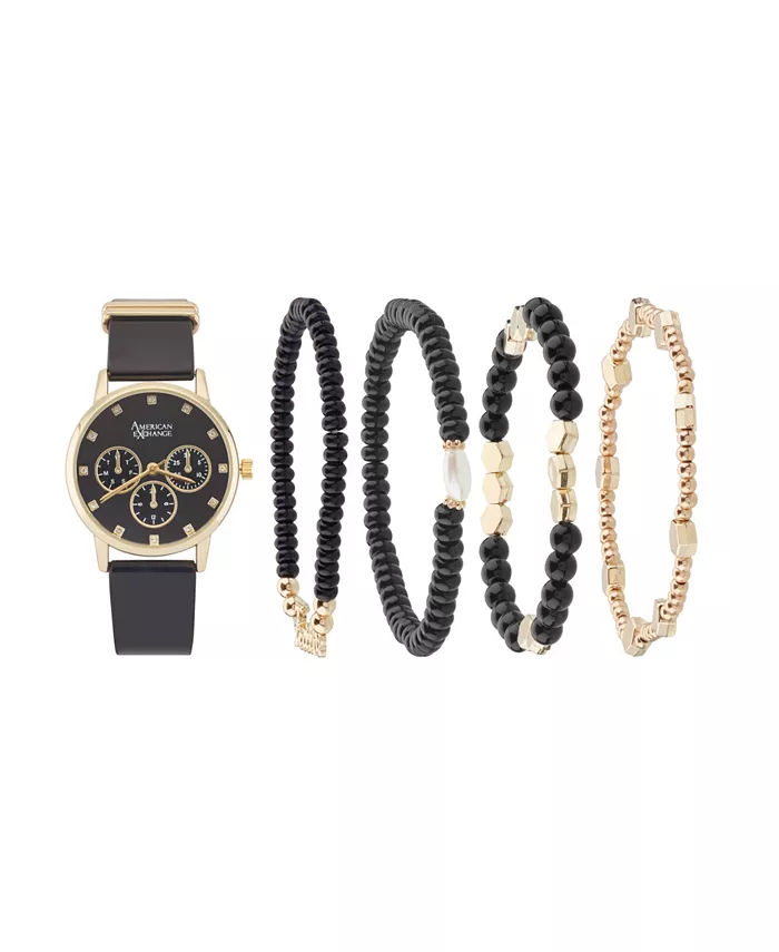 

Женские черные лакированные часы с аналоговым циферблатом 32 мм на полиуретановом ремешке в подарочном наборе American Exchange