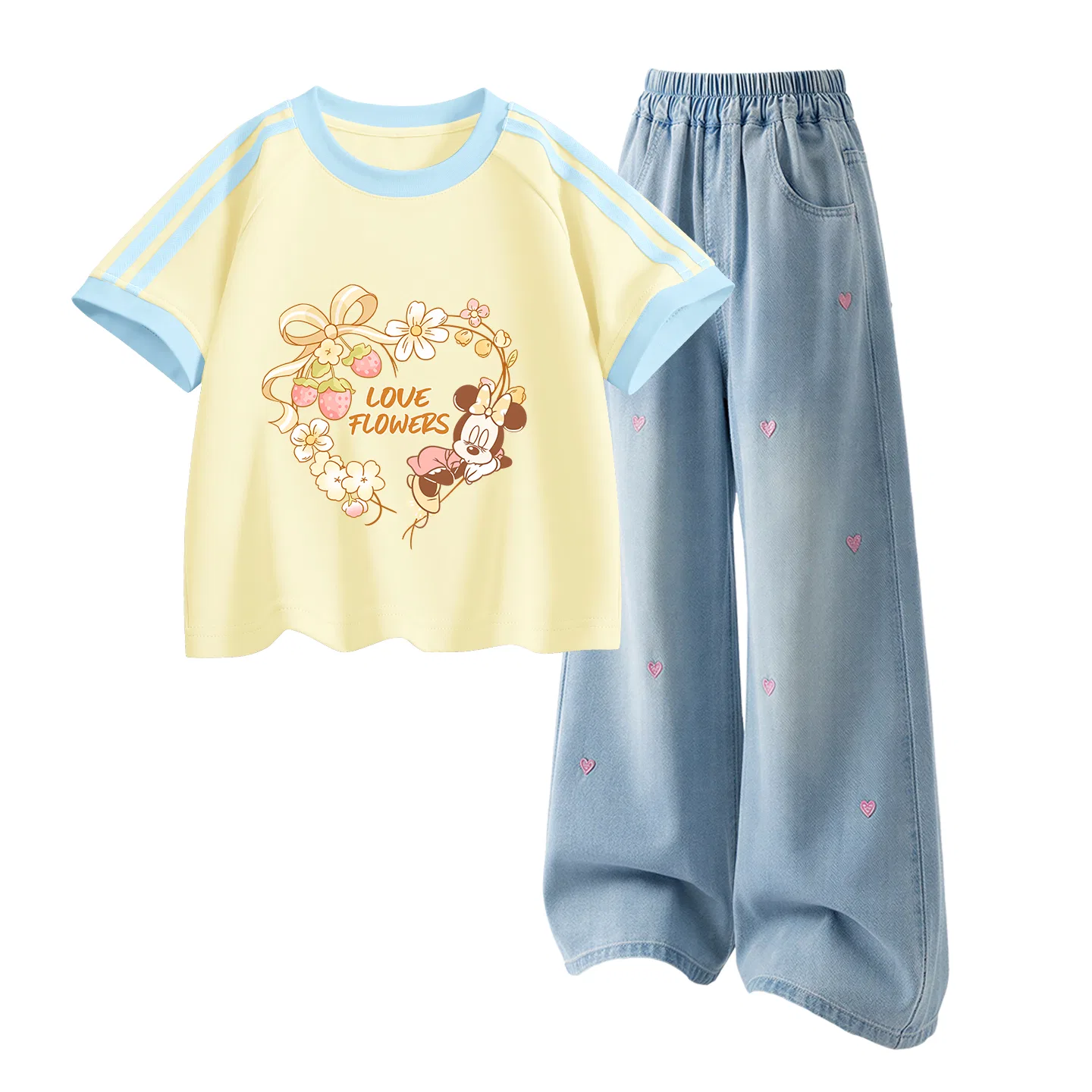 Детская повседневная спортивная футболка с круглым вырезом Disney, Di Light Honey Honey+Solid Color Denim Light Blue — фото 4