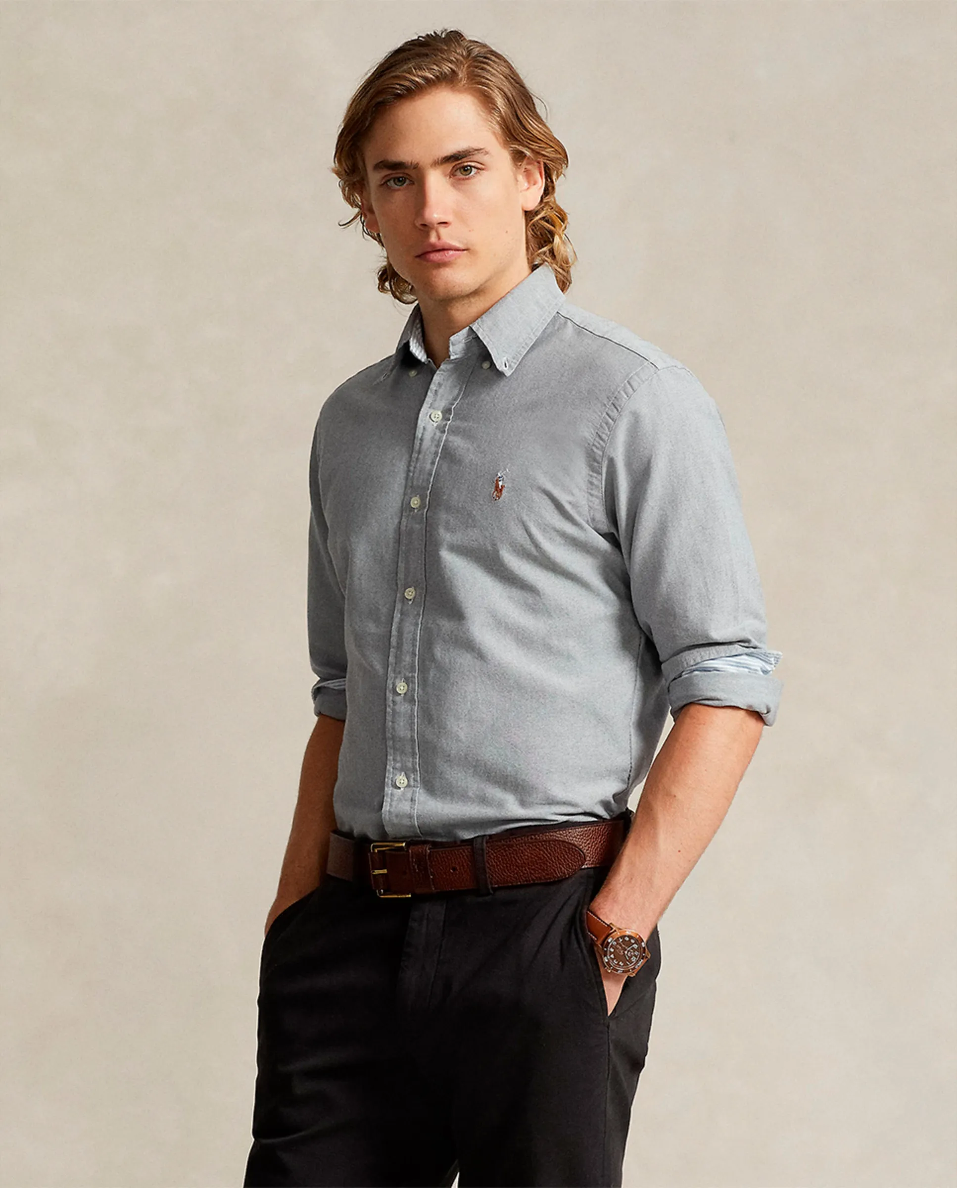 

Мужская оксфордская рубашка из хлопка Custom fit Polo Ralph Lauren, светло-серый
