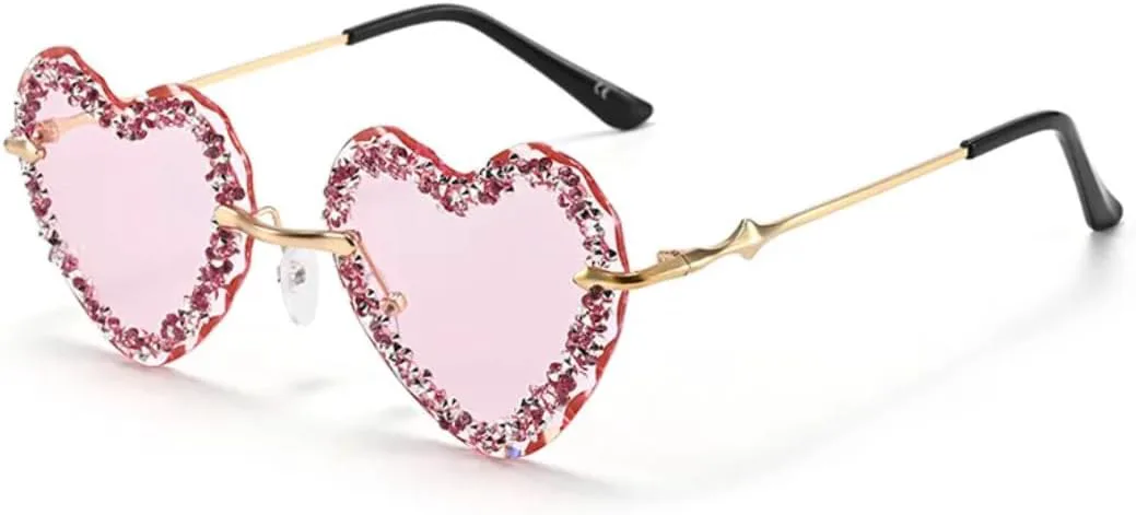 

Блестящие бриллиантовые солнцезащитные очки для женщин, сексуальные, без оправы, со стразами, в форме сердца, защита от УФ-излучения UV400 TVTBBVV, Gold-pink