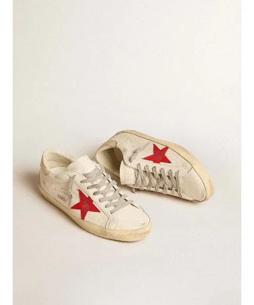 Мужские кроссовки из натуральной кожи Golden Goose Super-Star с красной звездой и белым верхом