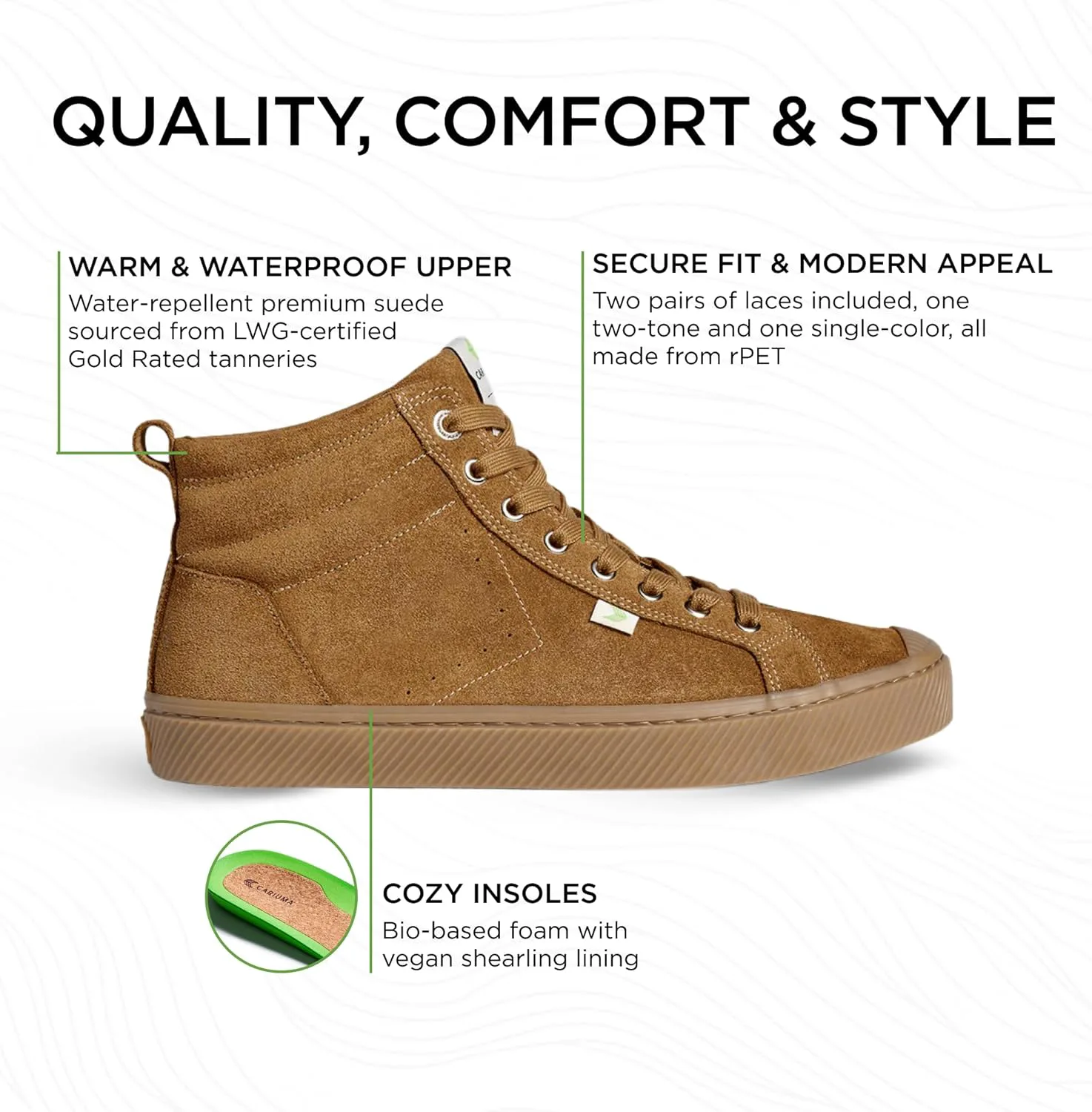 Ботинки Cariuma OCA Therma High Tops из замши, удобная обувь для мужчин, легкие и экологичные, универсальная повседневная обувь с 100% веганскими стельками и резиновой подошвой, коричневый — фото 2