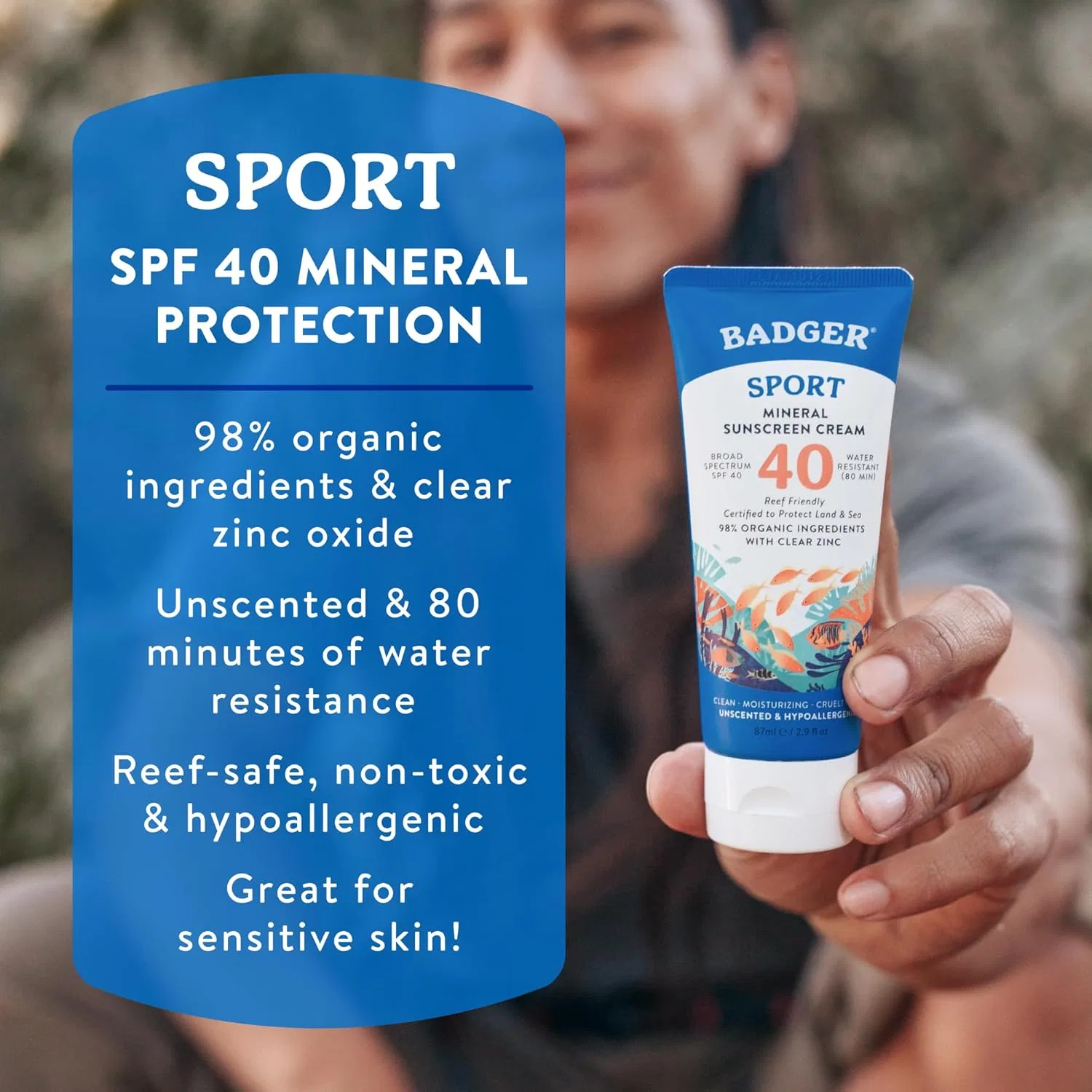 Минеральный солнцезащитный крем для спорта SPF 40 от Badger Company, 87 мл Badger — фото 2