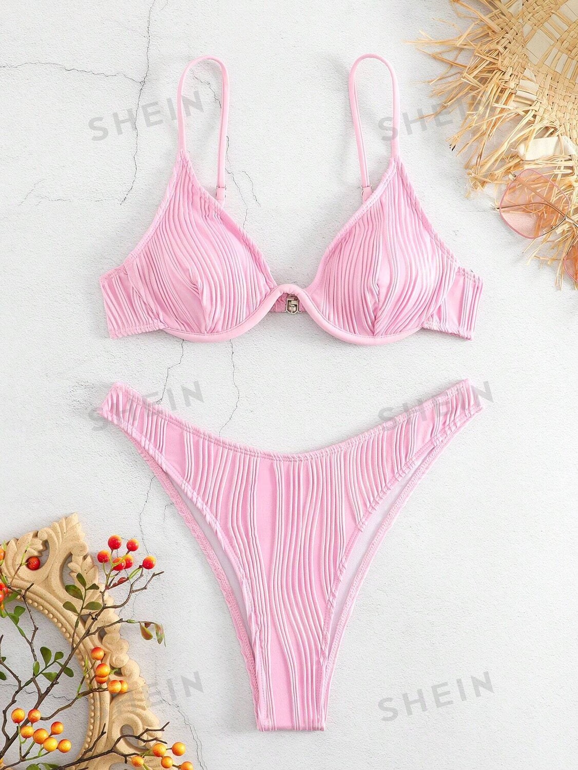 

Купальник текстурированный Shein Swim Basics на косточках, розовый