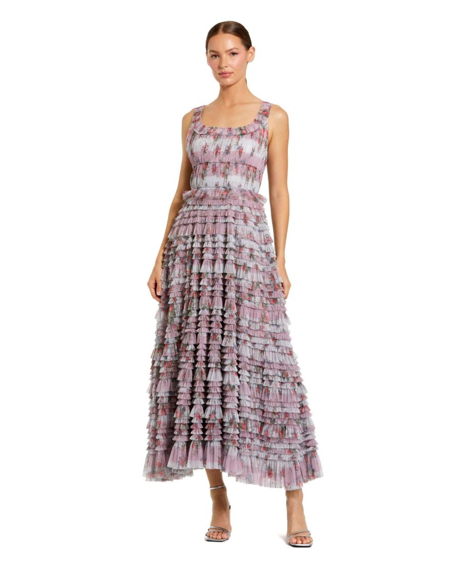 

Женское миди-платье без рукавов с цветочным принтом и многослойными оборками Mac Duggal, Purple multi