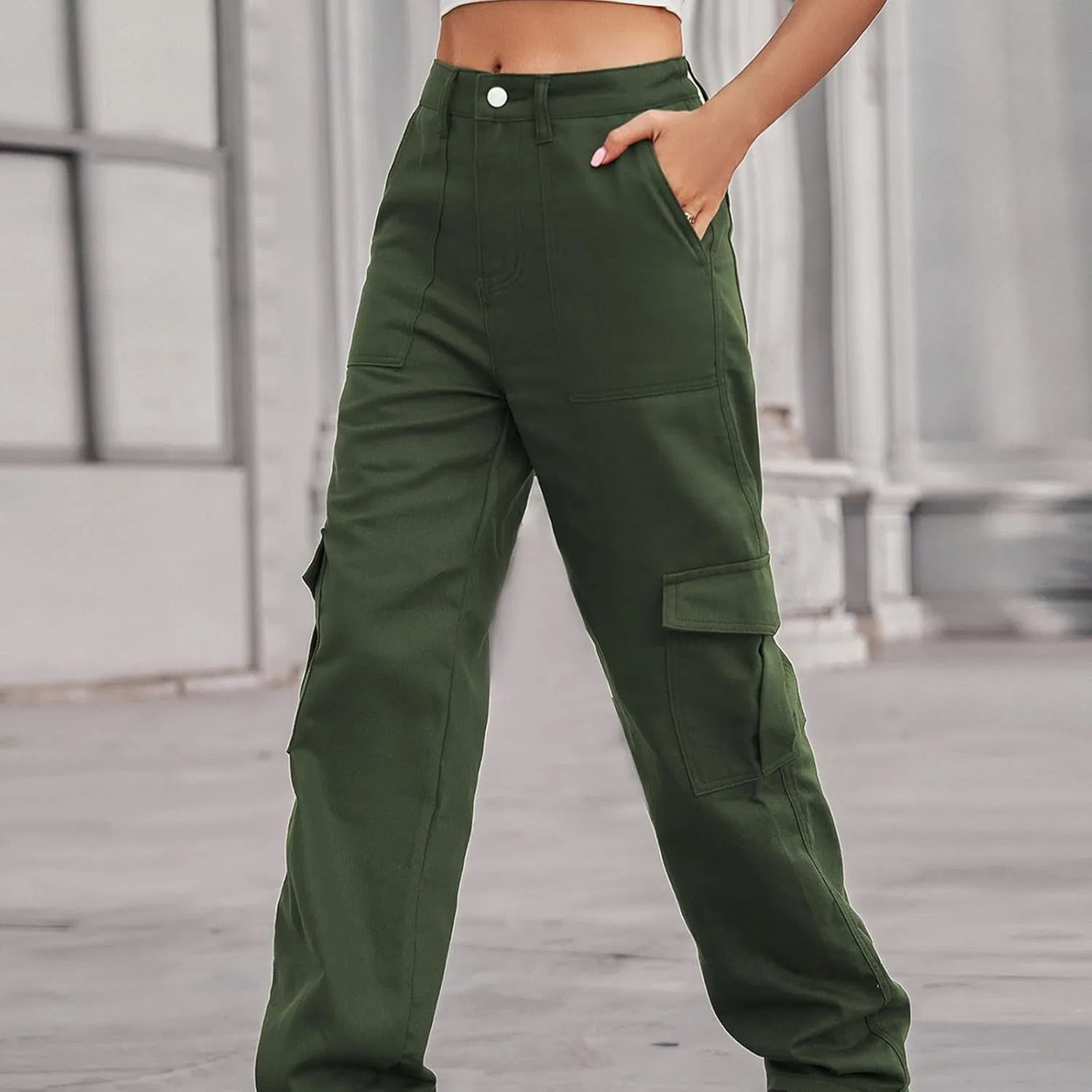 Джинсы карго, High Waisted, Army Green#01 — фото 4