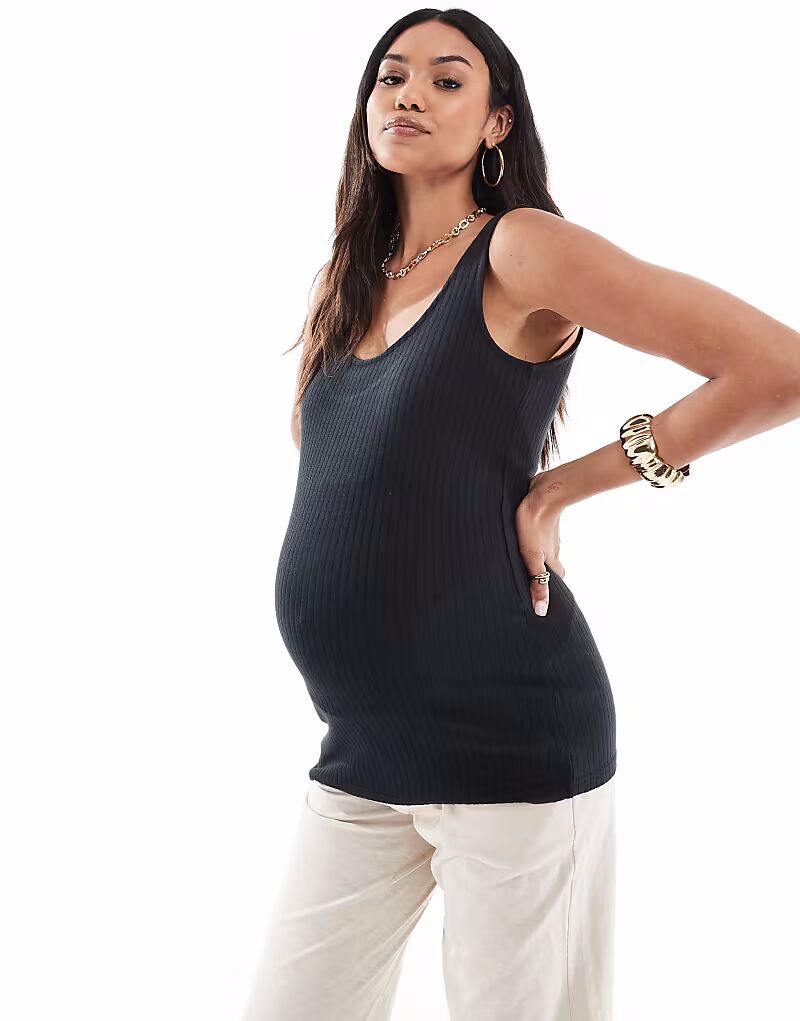 

Майка-топ для беременных Mamalicious Maternity из джерси в рубчик черного цвета Mama.licious