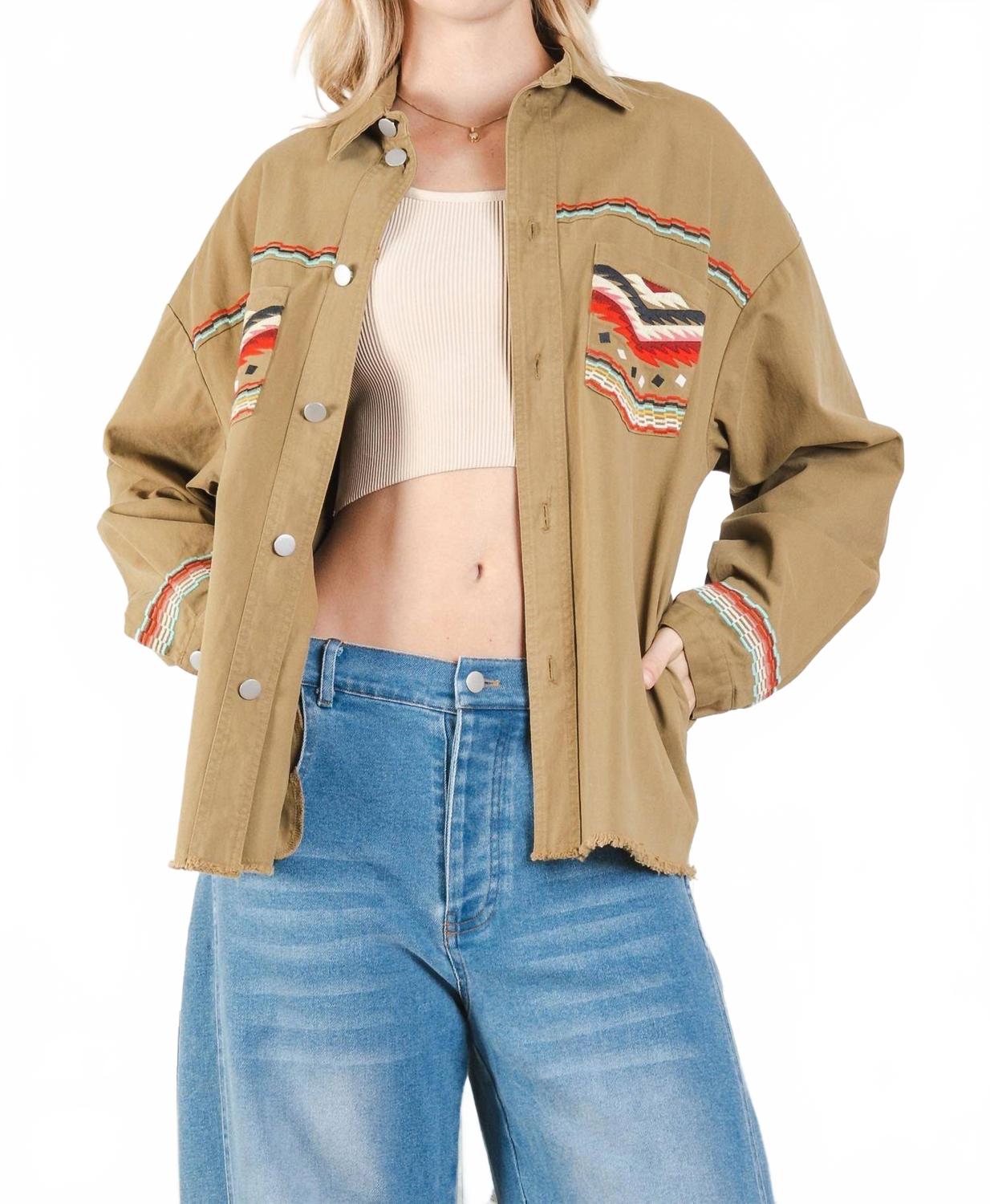 

Blue Velvet Женская саржевая куртка с ацтекской вышивкой, на пуговицах, коричневого цвета