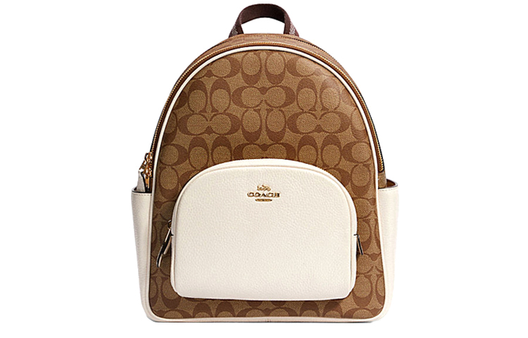 

COACH Холщовая сумка с кожаным рюкзаком, среднего размера, женская, белого и коричневого цвета