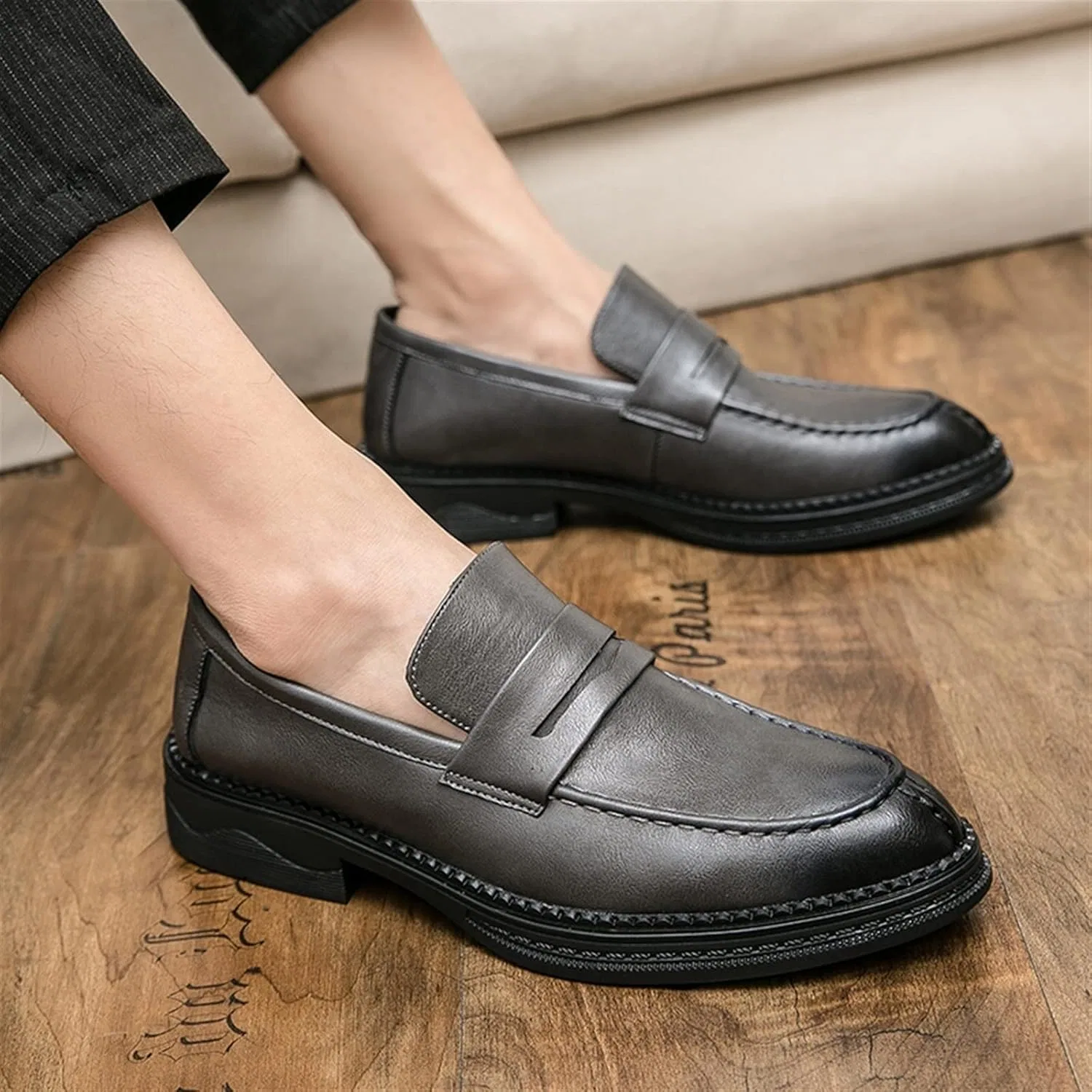 Лоферы серые, Men's Loafers Simple Slip On Penny Loafers Vegan Leather Anti-Slip Flexible Comfortable Fashion Slip On PUGHGAETZF — фото 4
