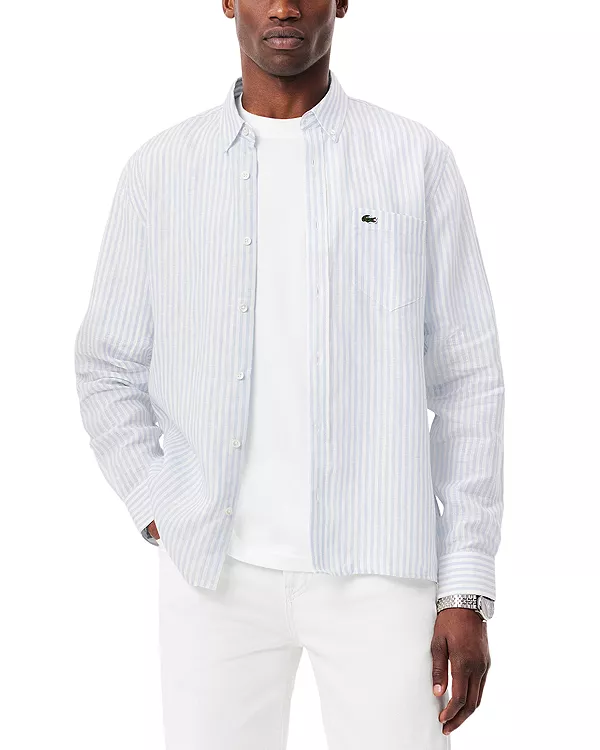 

Льняная рубашка прямого кроя на пуговицах Lacoste, синий