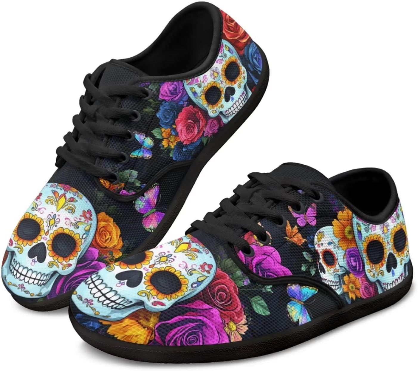 

Кроссовки Skull для женщин и мужчин, повседневная обувь для бизнеса, с широкой носочной частью, босоножки, обувь для ходьбы с нулевым перепадом Pointodoor, Skull Butterfly Flower Printed
