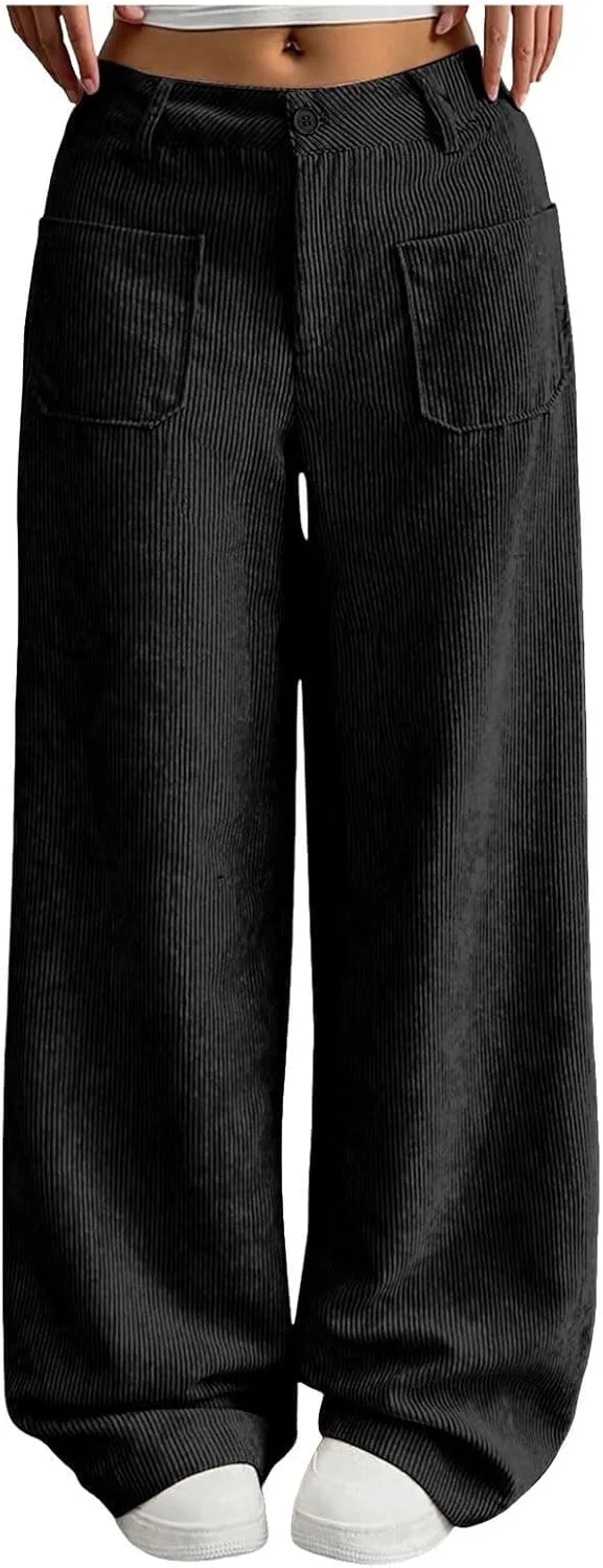 Кордюровые брюки для женщин Wide Leg с высокой талией, мешковатые, удобные джоггеры с карманами, Casual, расслабленный крой Generic, черный