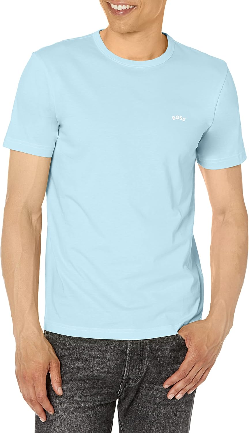 

Мужская хлопковая футболка с короткими рукавами и контрастным изогнутым логотипом BOSS, Clear Skies Blue