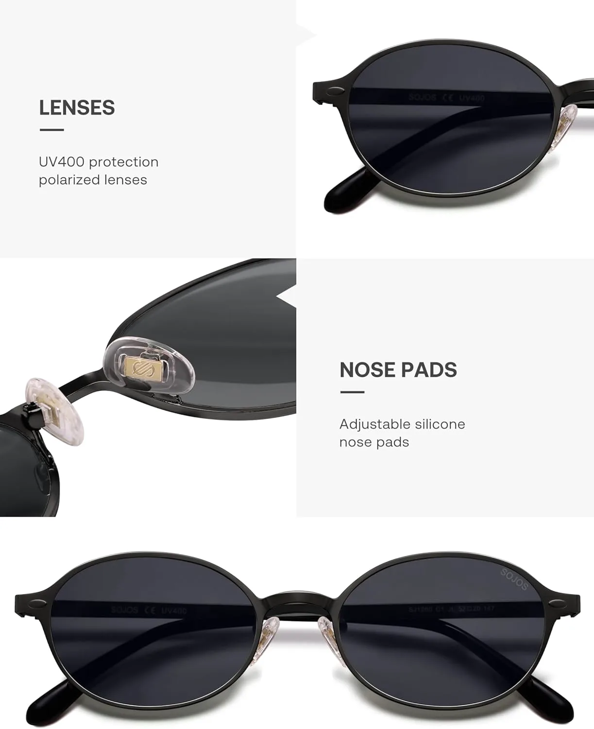 

Солнцезащитные очки SOJOS Small Retro Oval Polarized для женщин и мужчин, стильные круглые металлические оправы в стиле 80-х и 90-х SJ1260, Matt Black/Grey
