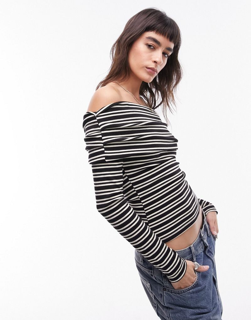 

Однотонный топ с длинными рукавами и полосками Topshop