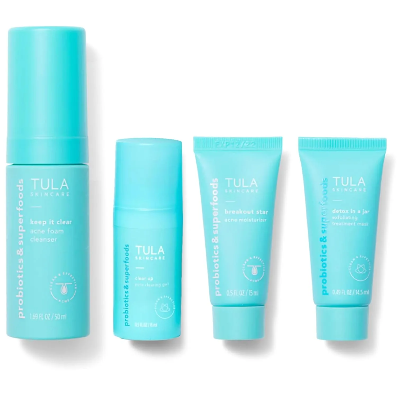 TULA Skin Care Clear Skin Starters набор для борьбы с акне и несовершенствами: пенка, корректирующий гель, увлажняющий крем, маска и дорожная сумка, 4 предмета