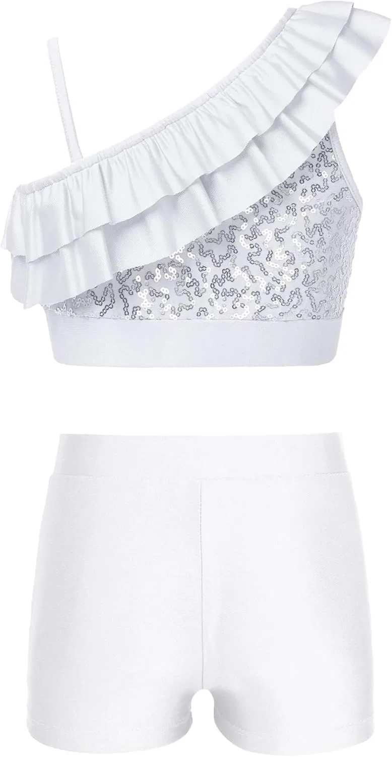 Детский спортивный костюм с пайетками YiZYiF из топа и шорт, White — фото 2