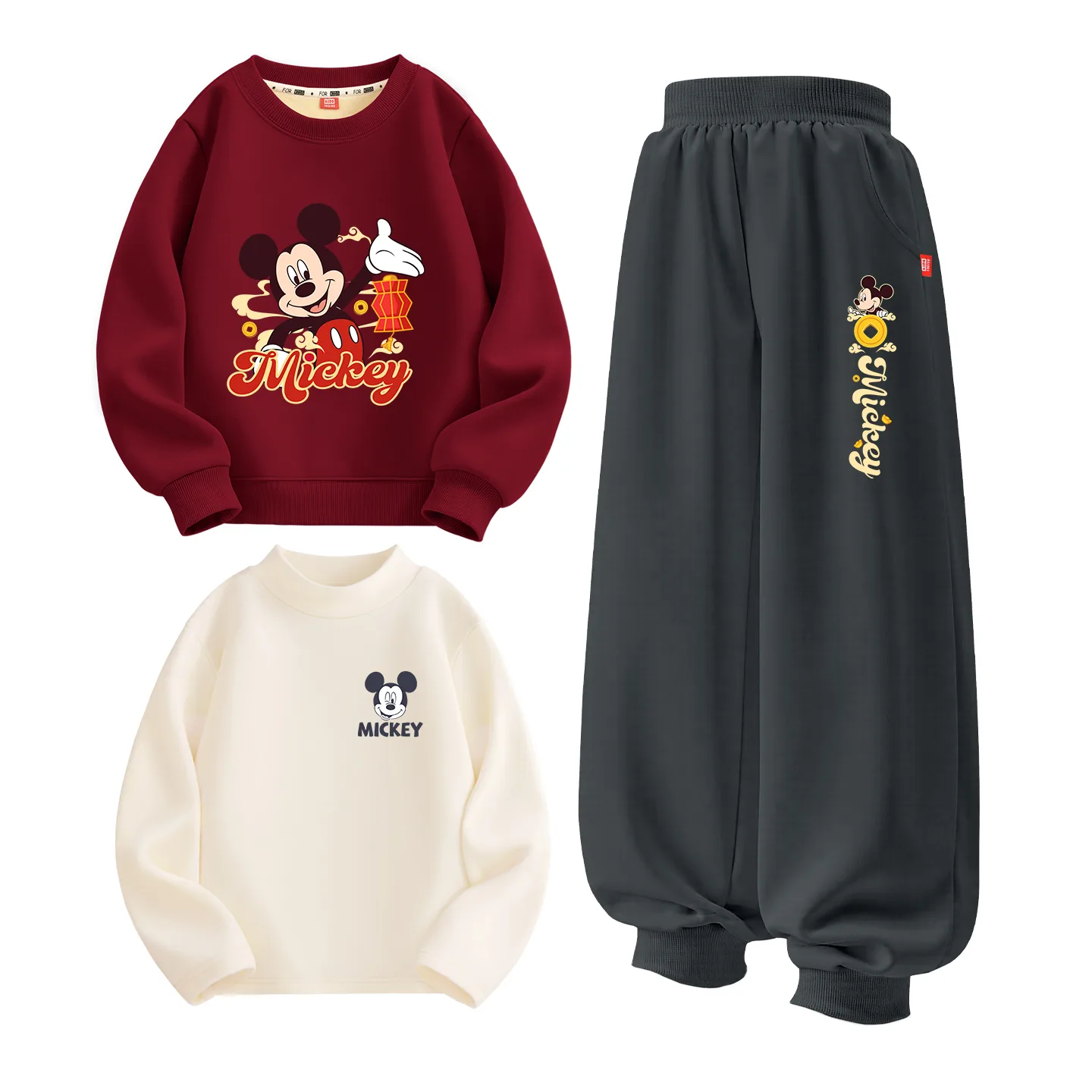 Детский спортивный комплект из 3 предметов Disney, [Thickened and Fleece-Lined Three-Piece Set]Di Yingnian Burgundy+Di Yingnian K Graphite Gray+Gt Di Dailai K Milk White