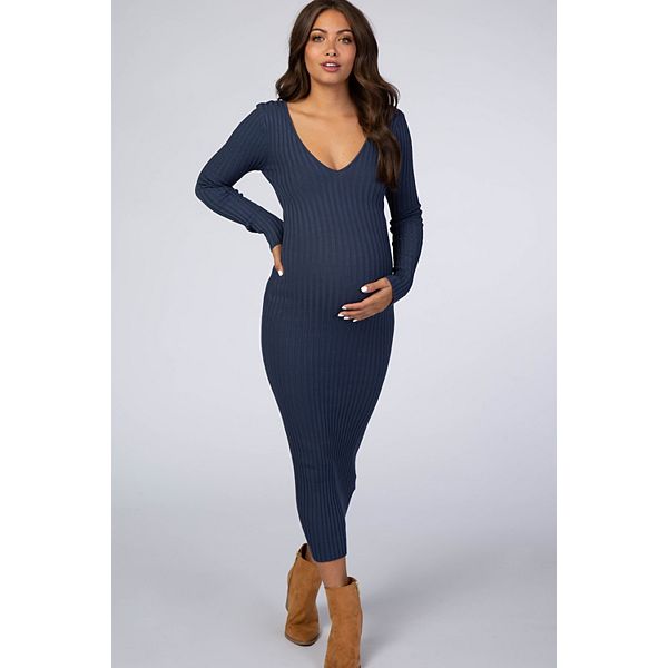 

Длинное облегающее платье макси с V-образным вырезом для беременных, длинными рукавами. Pinkblush, Blue