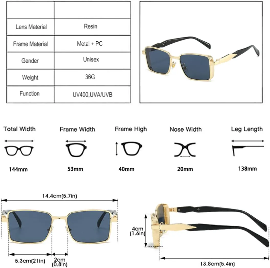 

Ретро квадратные металлические мужские солнцезащитные очки для активного отдыха, модные градиентные очки UV400 для женщин в стиле панк UATXTAU, Black Golden Gray