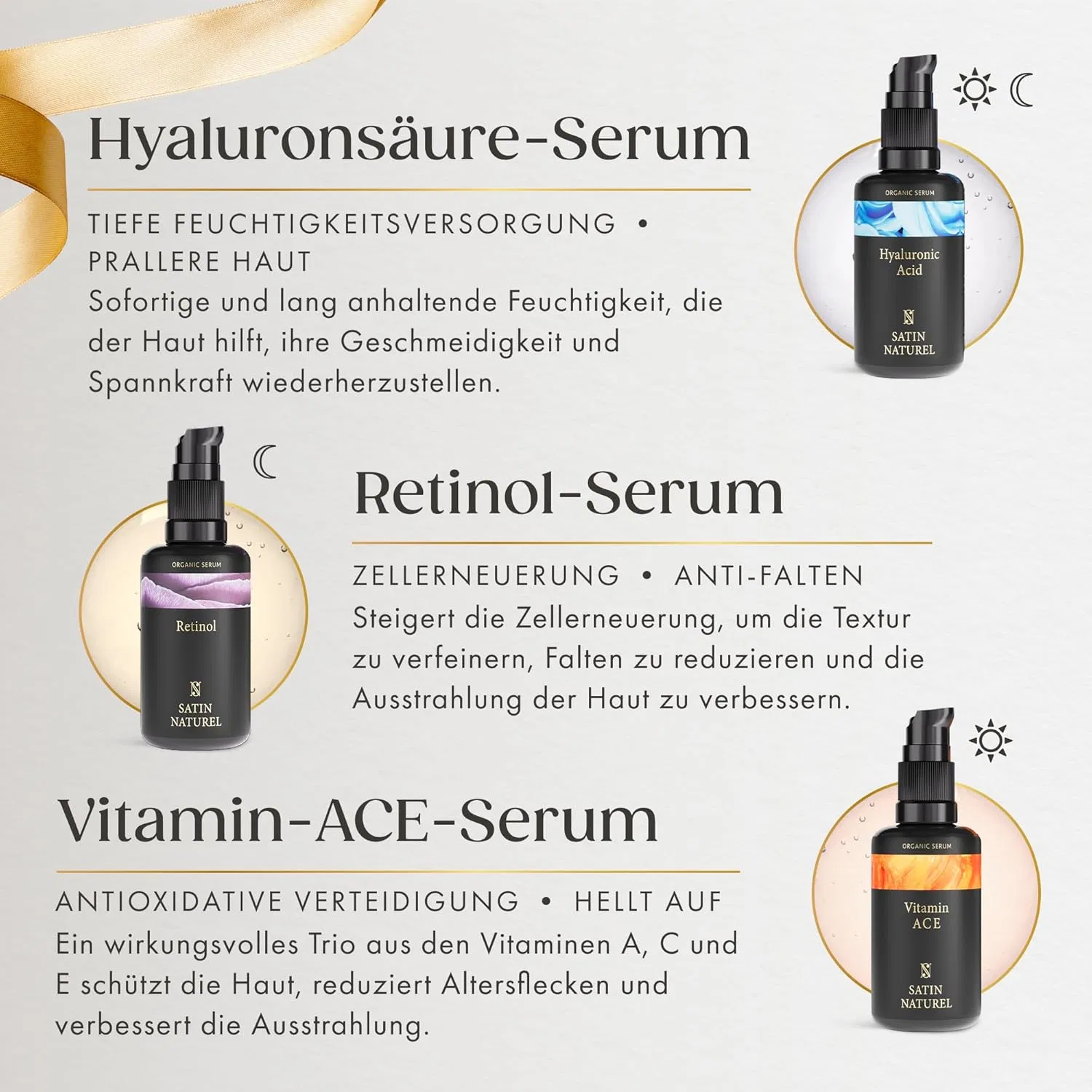 Набор сывороток для лица «Luxury Gifts» от Satin Naturel Satin Naturel, 3 X 30 Ml Luxurious Serum Set With Retinol, Hyaluronic And Vitamin C — фото 3