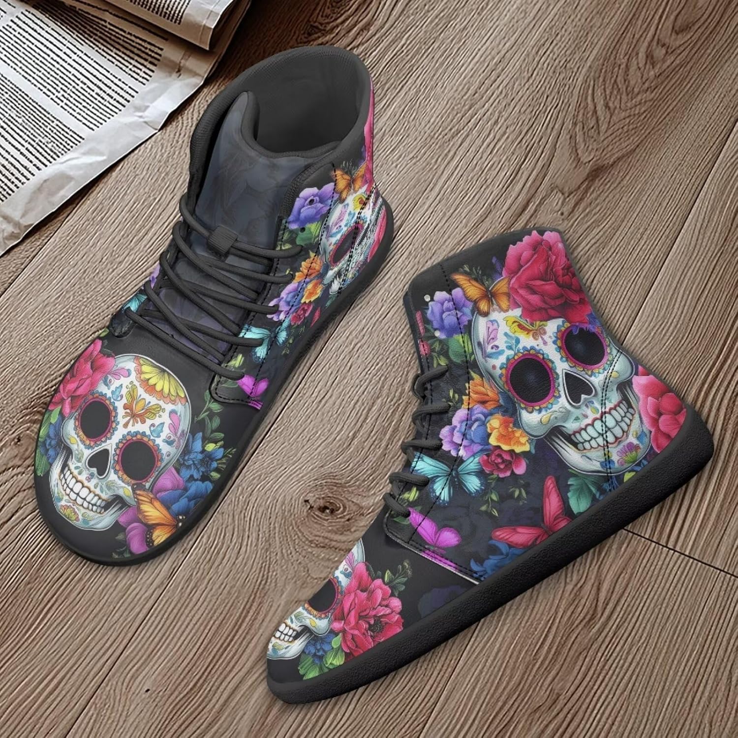 Мужские босоножки Jeiento Skull, высокие кроссовки из ПУ-кожи для ходьбы, легкие ботинки с широкой носовой частью, шнуровка, беговые кроссовки, Cute Flower Skull — фото 4