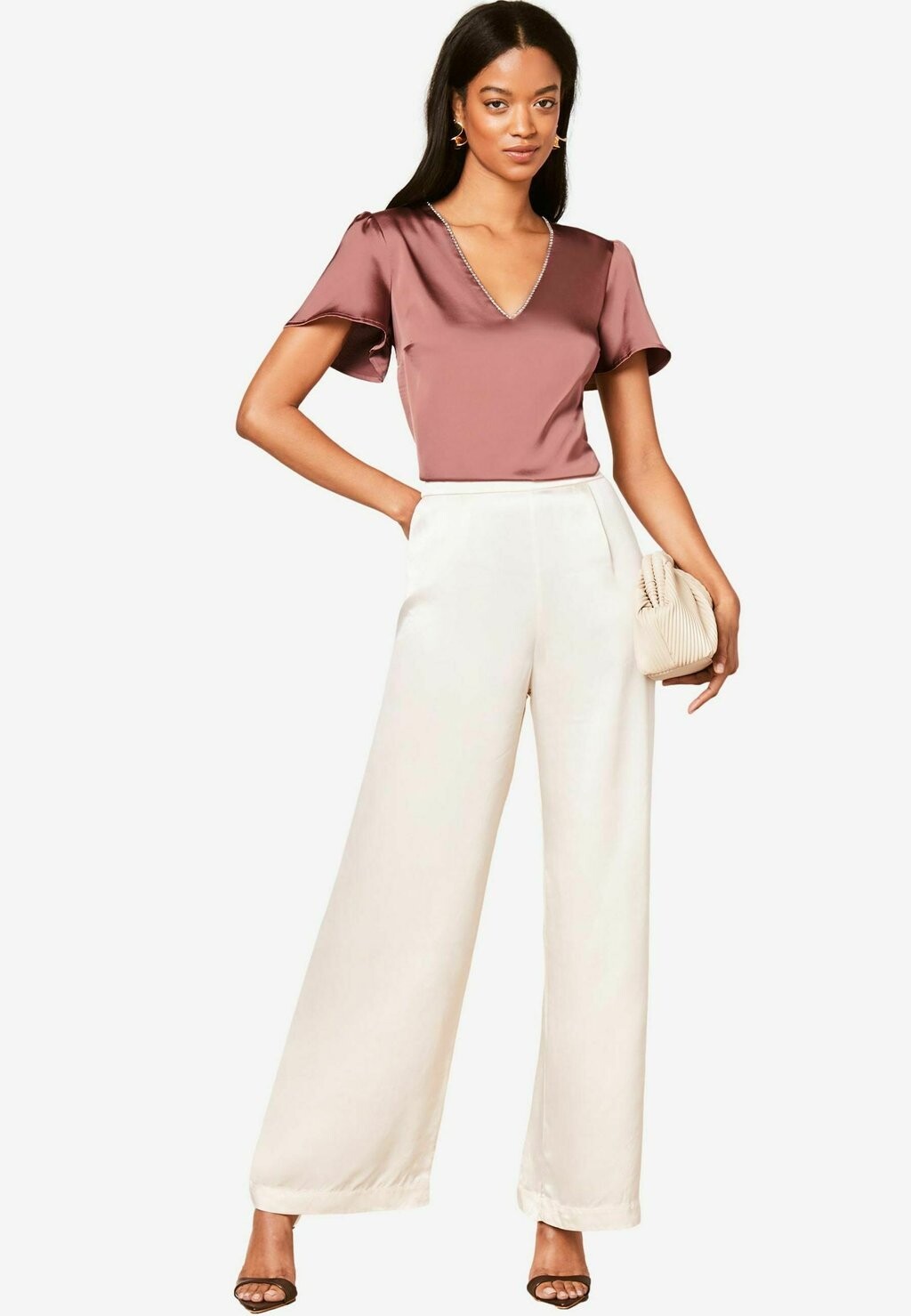 

REGULAR FIT V Neck Diamante Trim Flutter Sleeve Lipsy, Блузка розовый