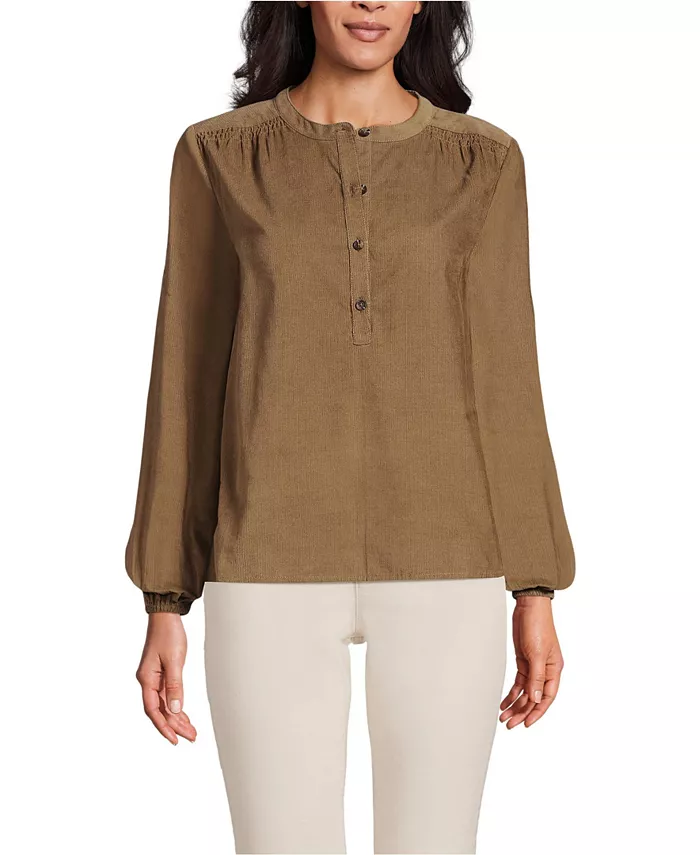 

Женская рубашка-поповер Pinwale Cord Smocked Lands' End, коричневый