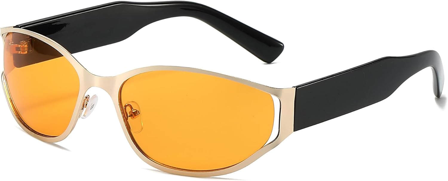 

Модные солнцезащитные очки 2000-х годов для мужчин и женщин, стильные солнцезащитные очки в стиле Y2K, обтекаемые, с футуристическими овальными линзами Azoxus, Orange-yellow Gold Rim