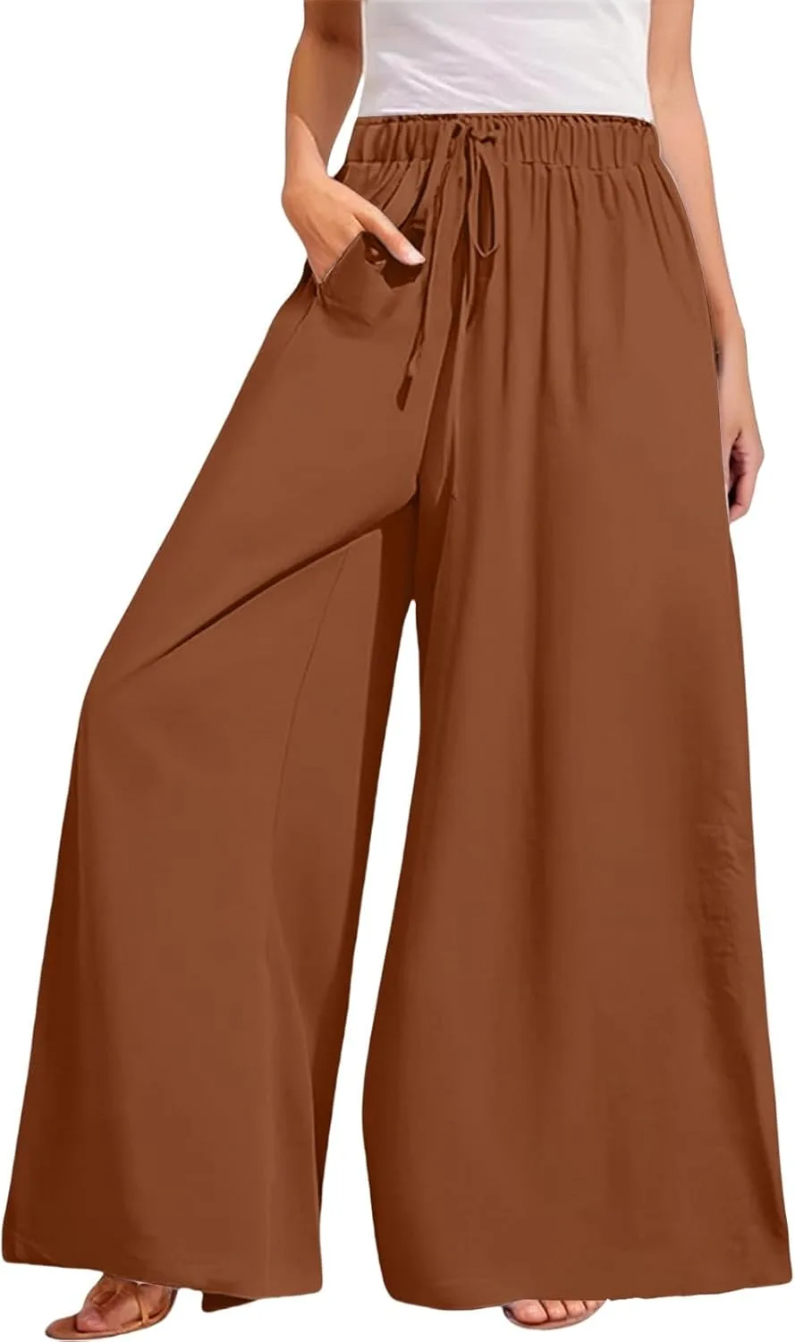 Женские брюки Plus Size с широкими штанинами, высокой талией, свободного кроя, повседневные палаццо, лето 2025, для отдыха, бохо, пляжные, с карманами Generic, коричневый