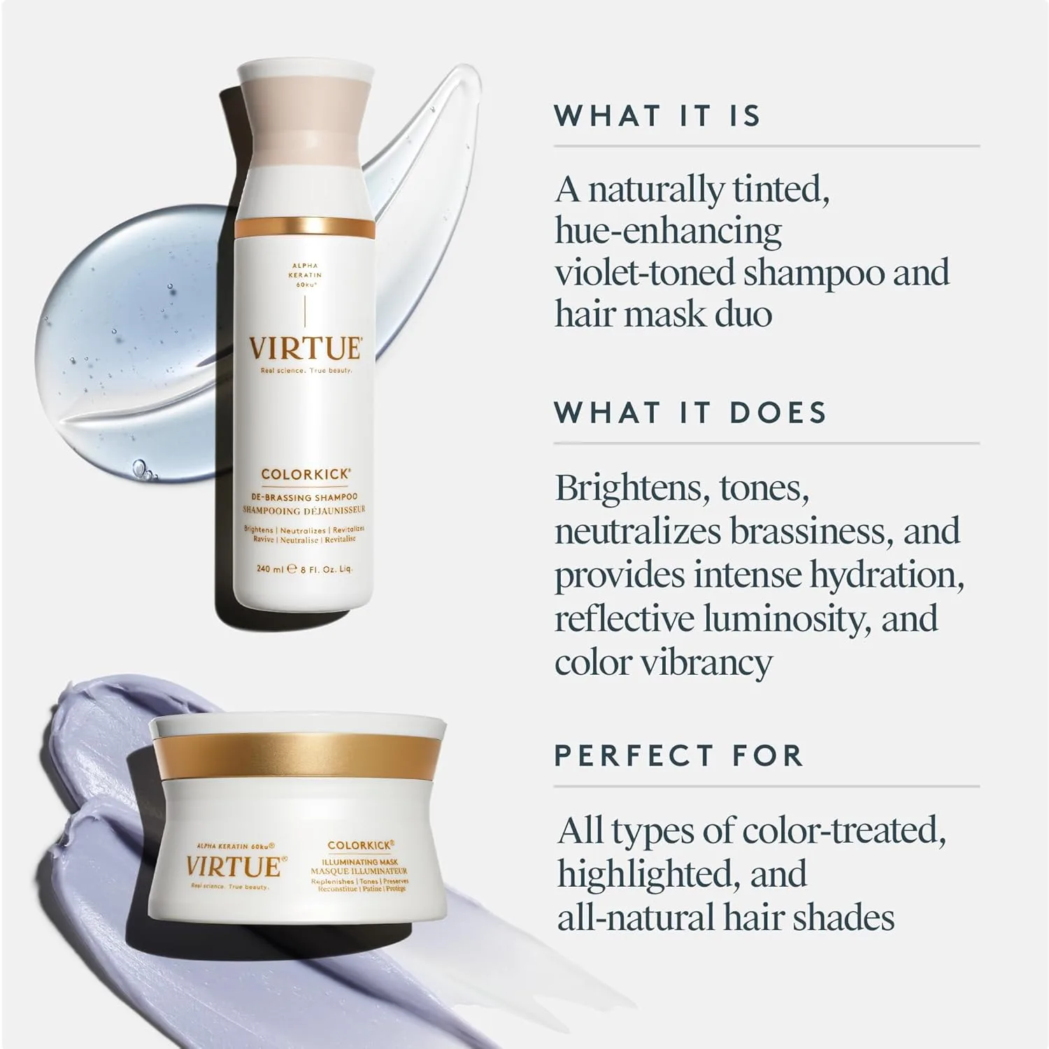 Набор VIRTUE ColorKick Extended Vibrancy Bundle с шампунем и маской для волос, натуральный тонер для удаления жгучей краски, осветляет и восстанавливает все окрашенные волосы., silver — фото 2