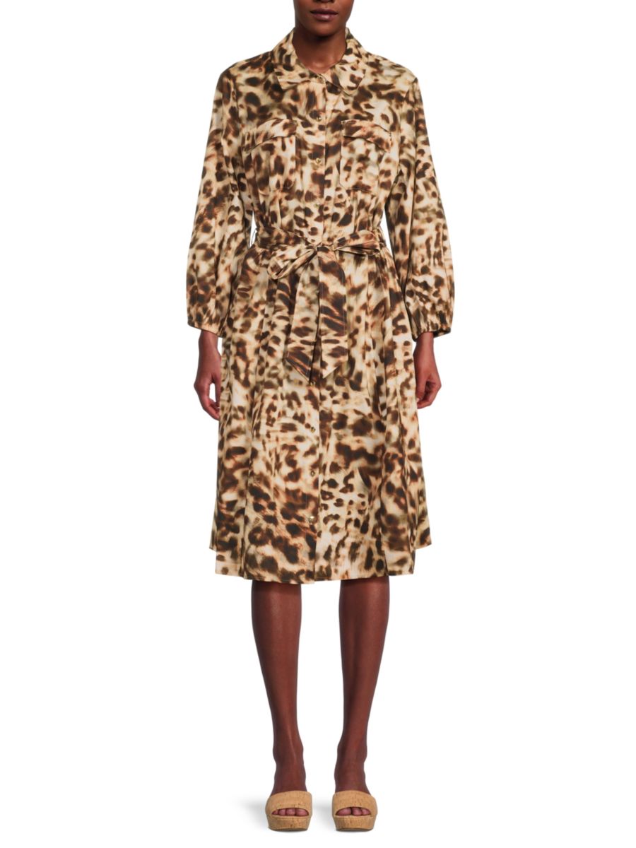 

Платье-рубашка из хлопка с анималистичным принтом и поясом Halston, цвет Neutral Leopard
