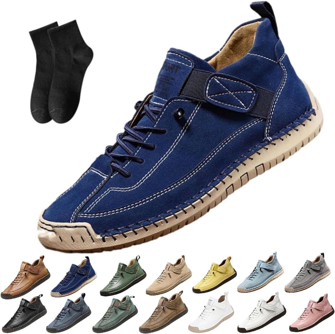 

Женские кожаные кроссовки, женская ручная работа кожаные ортопедические удобные туфли - поддержка свода стопы, регулируемые комфортные ортопедические туфли, мягкие удобные слипоны Noworfewer, синий