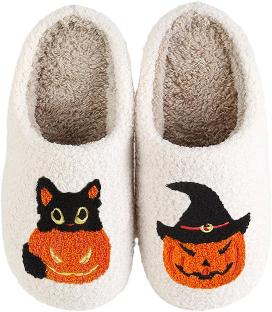 

Женские и мужские тапочки на Хэллоуин с тыквой, пушистые тапочки в виде кота с мягким поролоном с эффектом памяти, мультяшные плюшевые, теплые, с меховой подкладкой Nenfal, Pumpkin Cat+hat
