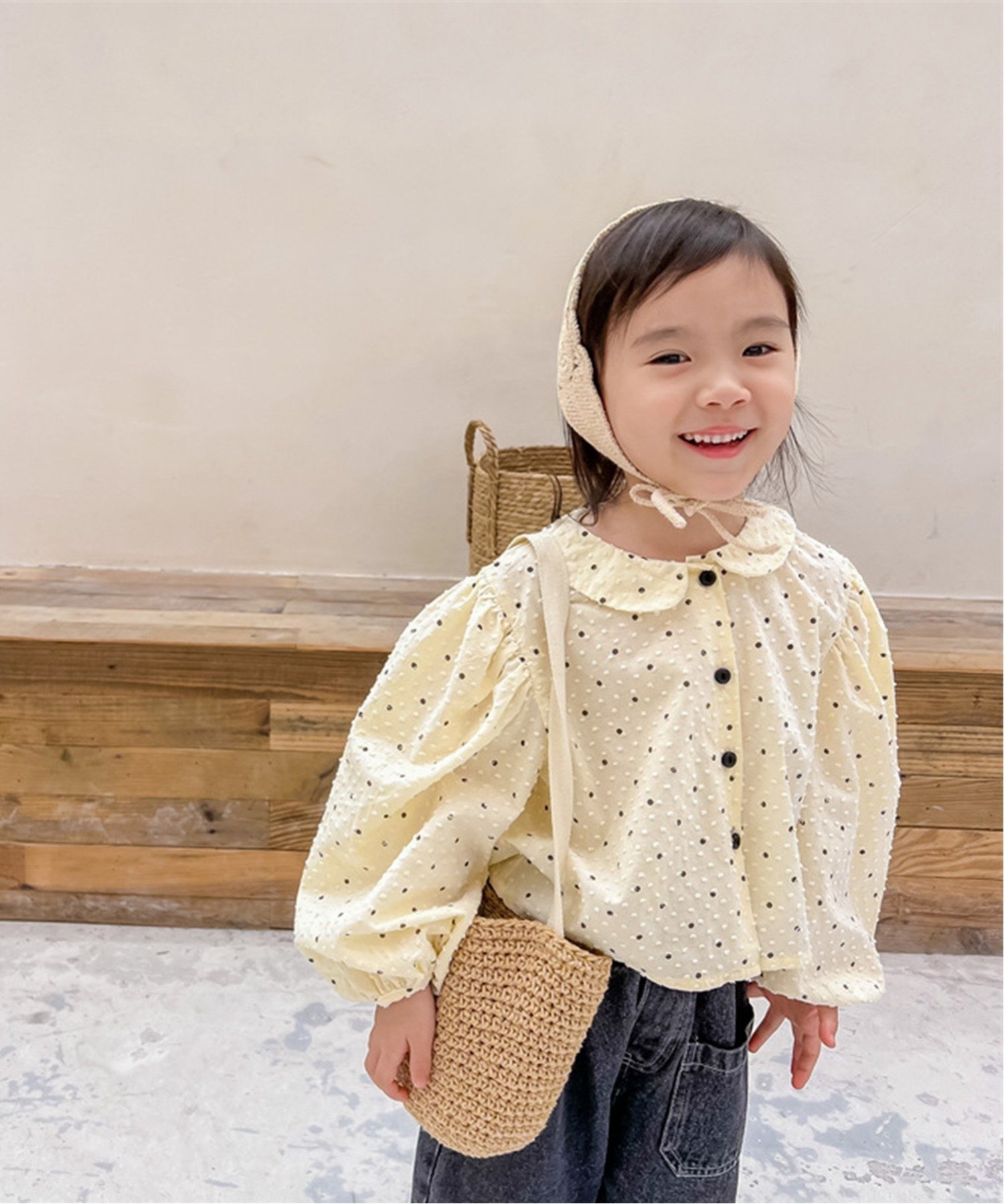 Блузка в горошек с пышными рукавами в стиле принцессы Aimoha Kids, beige