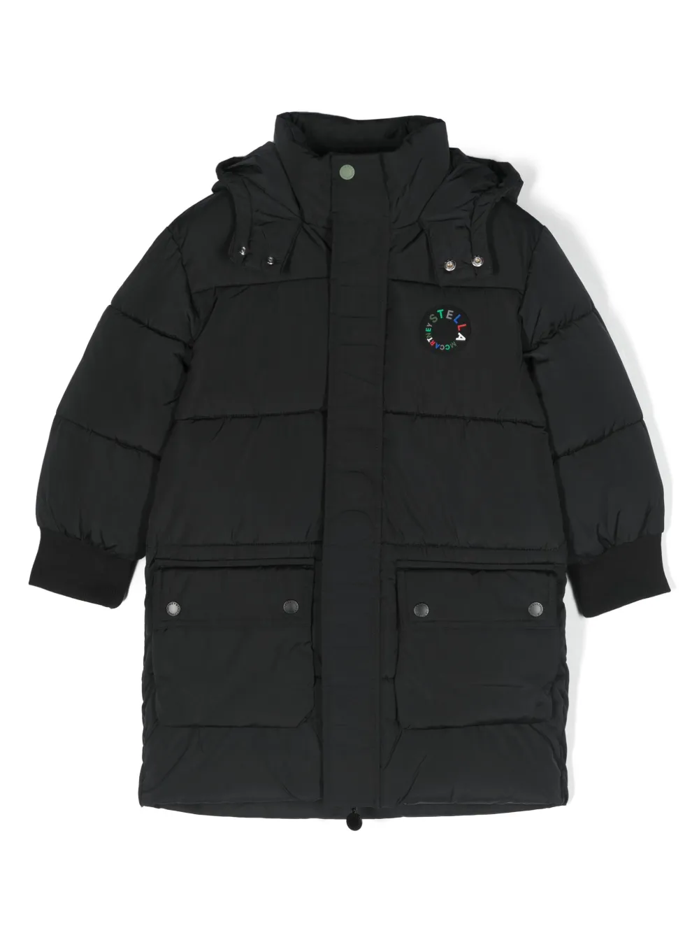 

Пуховик с капюшоном и нашивкой-логотипом Stella McCartney Kids, черный