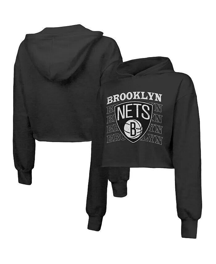 

Женский укороченный пуловер тройного цвета с капюшоном Brooklyn Nets черного цвета с повторяющимися принтами Majestic