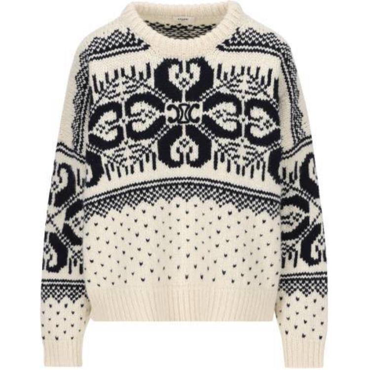 Свитер с круглым вырезом из шерсти Fair Isle и кашемира CELINE, белый — фото 3
