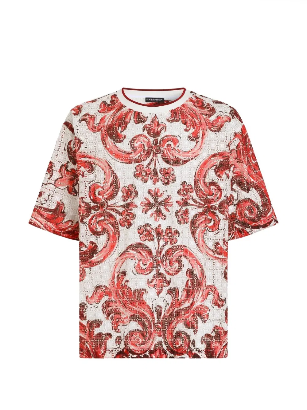 Футболка из английского кружева с принтом майолика Dolce & Gabbana, красный