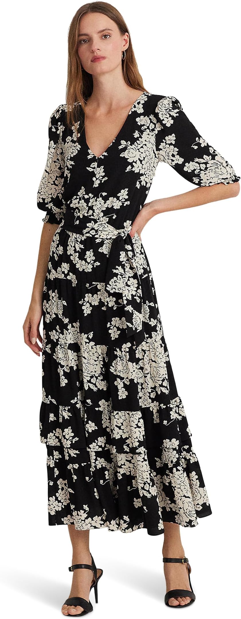 

Платье Lauren Ralph Lauren Floral Belted Bubble Crepe Dress, цвет Black/Cream