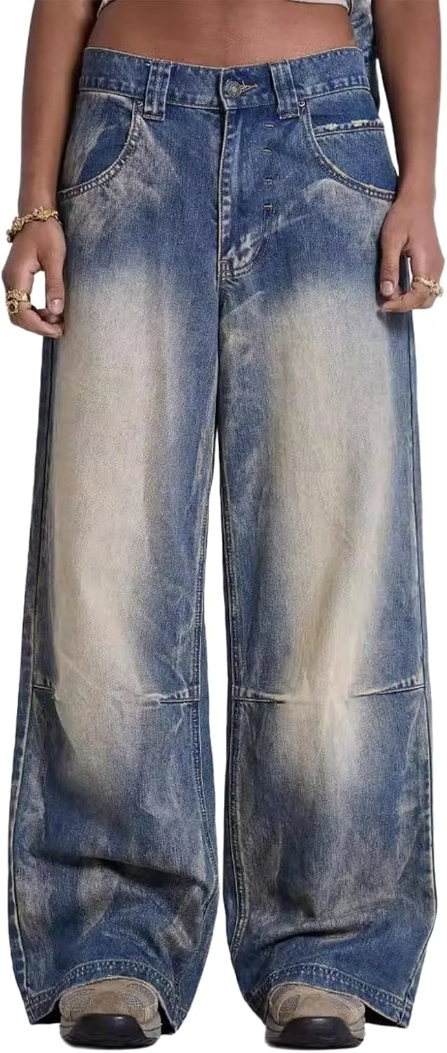 

Женские джинсы Y2K с принтом готических ангельских крыльев, потертые, широкие BXCNCKD